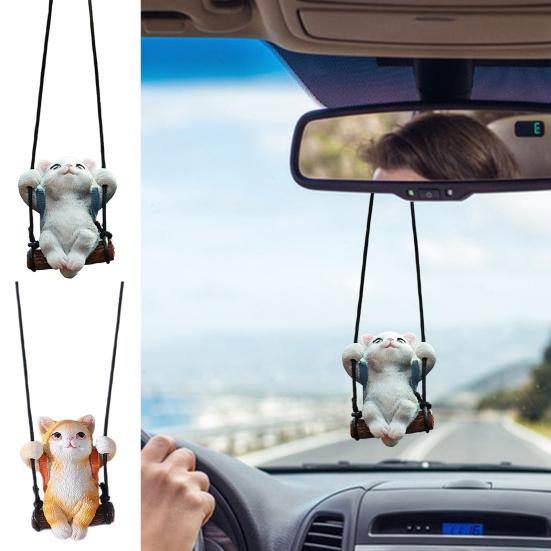 Resin Cat Pendant Swinging Kitten Hanging Figurine Car Rearview Mirror Decoration with Adjustable Lanyard Gift for Cat Lovers