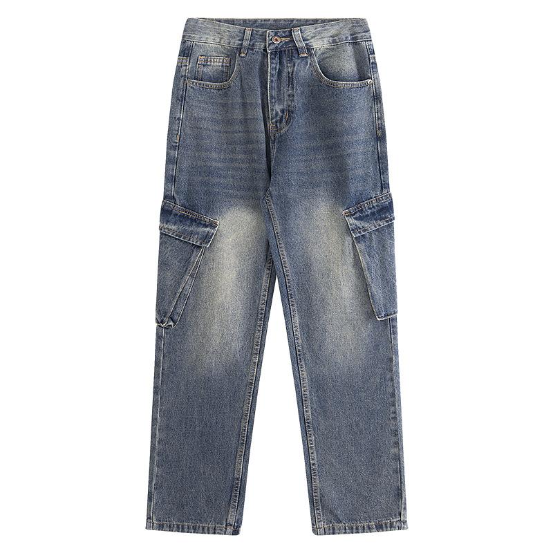 Новые осенние и зимние мужские рабочие брюки прямого покроя из денима, свободные джинсы с большими карманами, простые брюки прямого покроя из денима