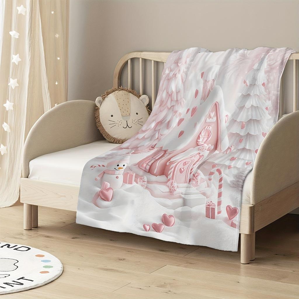1pc Pink Candy House Design Blanket ,Sofa, Bed, Travel, Lunch Break, Flannel Blanket.
