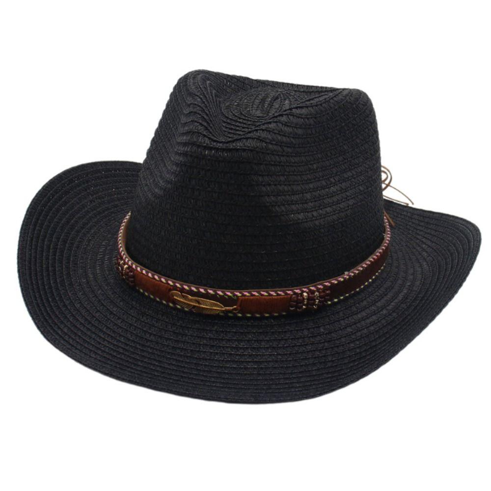 Summer Straw Cowgirl Hat Wide Brim Sunscreen Visor Cap Retro Western Cowboy Hats  Outdoor