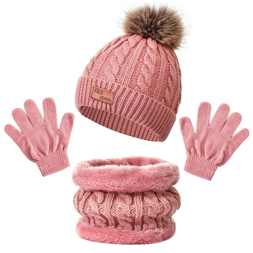 Spot European and American children's hats scarf gloves three-piece set autumn and winter solid color hairball knitted hat baby hat