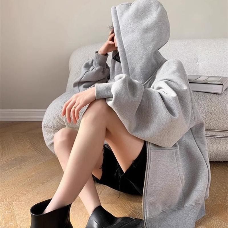 Осень-зима женская толстовка с капюшоном однотонная свободная толстовка с капюшоном женская корейская повседневная куртка на молнии