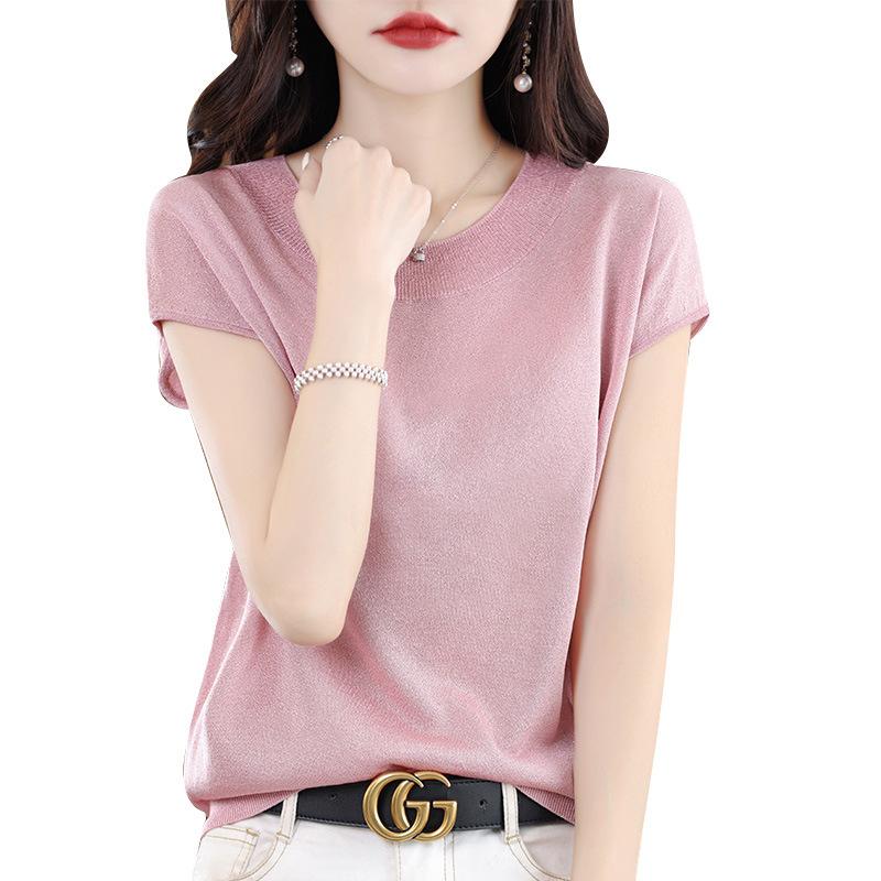 IHUASU Women's Ice Silk Short-sleeved T-shirt Summer Bright Silk Temperament Jersey Linen O-neck Blouse Thin Versatile Loose