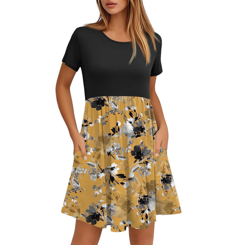 Женские модные повседневные свободные платья с круглым вырезом и коротким рукавом с принтом и карманами