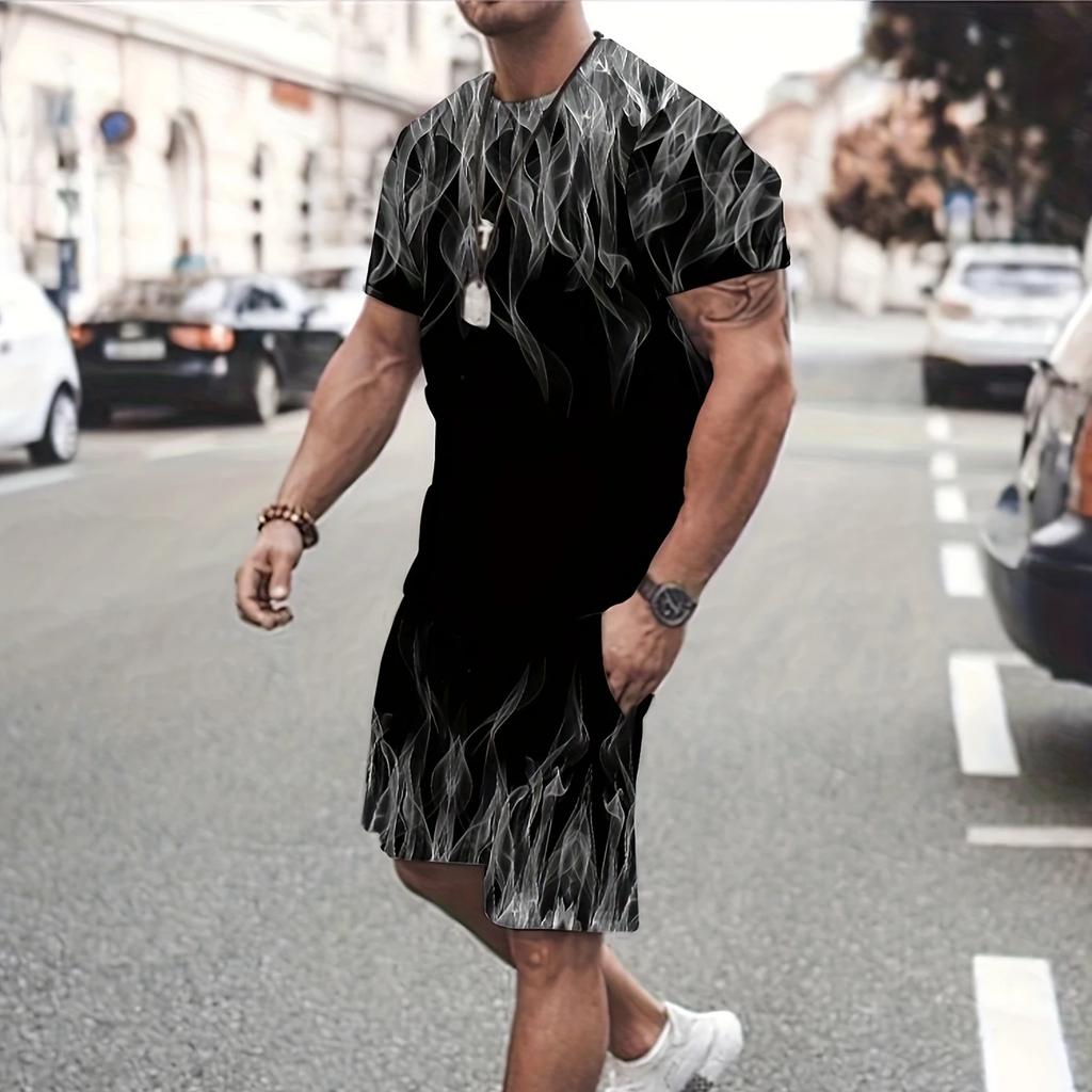 Мужской летний повседневный комплект из двух предметов с 3D-дизайном в виде пламени