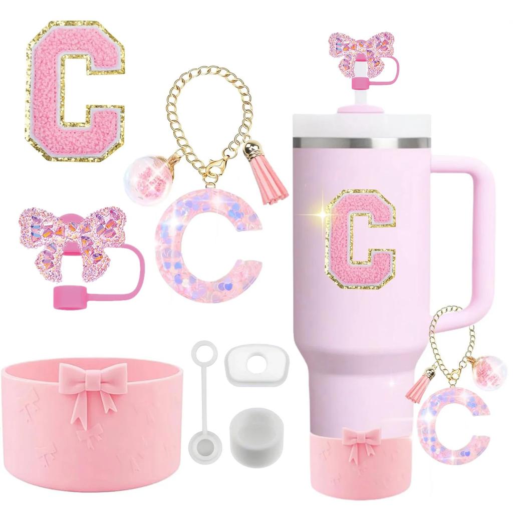 7PCS Pink Accessories for Stanley Cup 30/40 Oz Tumbler with Handle Bow Straw Topper Cover Cap Boot Initials Charm Letter Sticker