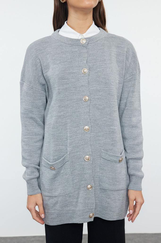 Women's Fashionable Stylish Hijab Cardigan Gray Melange Knitwear Cardigan with Pockets and Button Detail