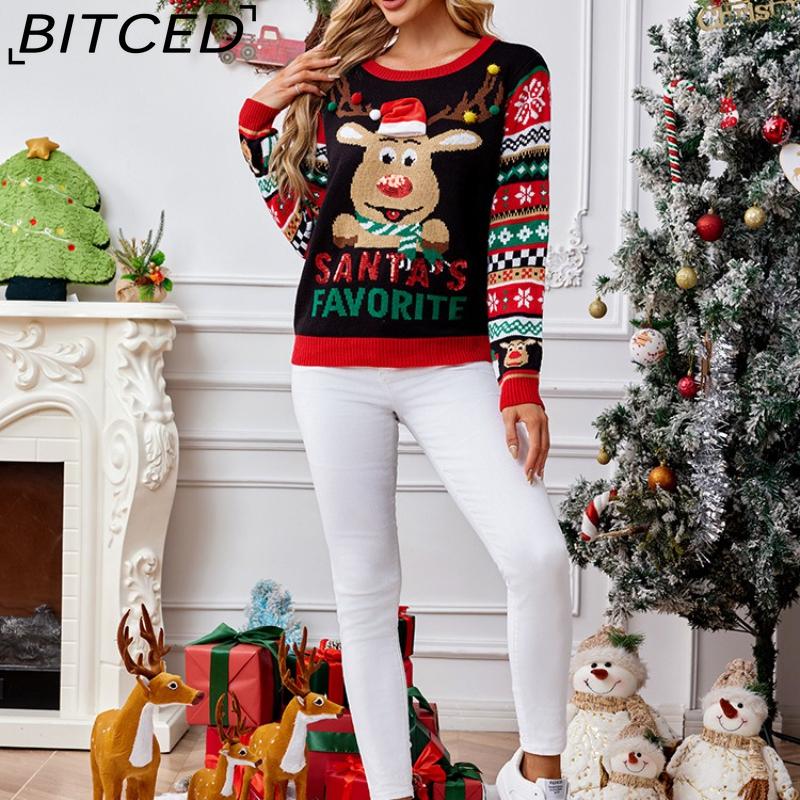 BITCED Casual Christmas Reindeer Pullover Autumn/Winter Sequined Embroidered O-Neck Knitted Jacquard Sweater