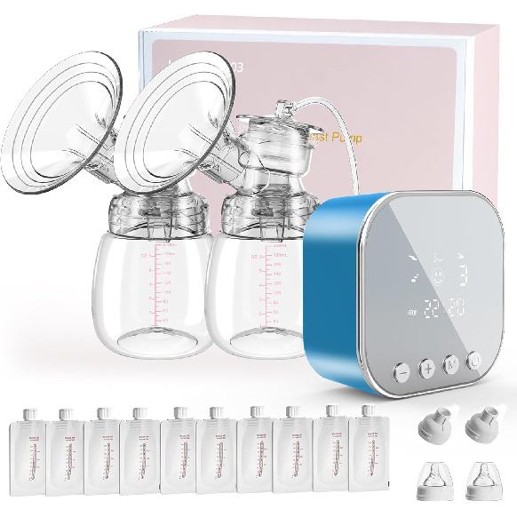 Double Electric Breast Pump, Portable Breast Milk Pump with 4 Modes 9 Levels, 10 Breastmilk Storage Bags, Anti-Backflow, Pain Free Breast Pump