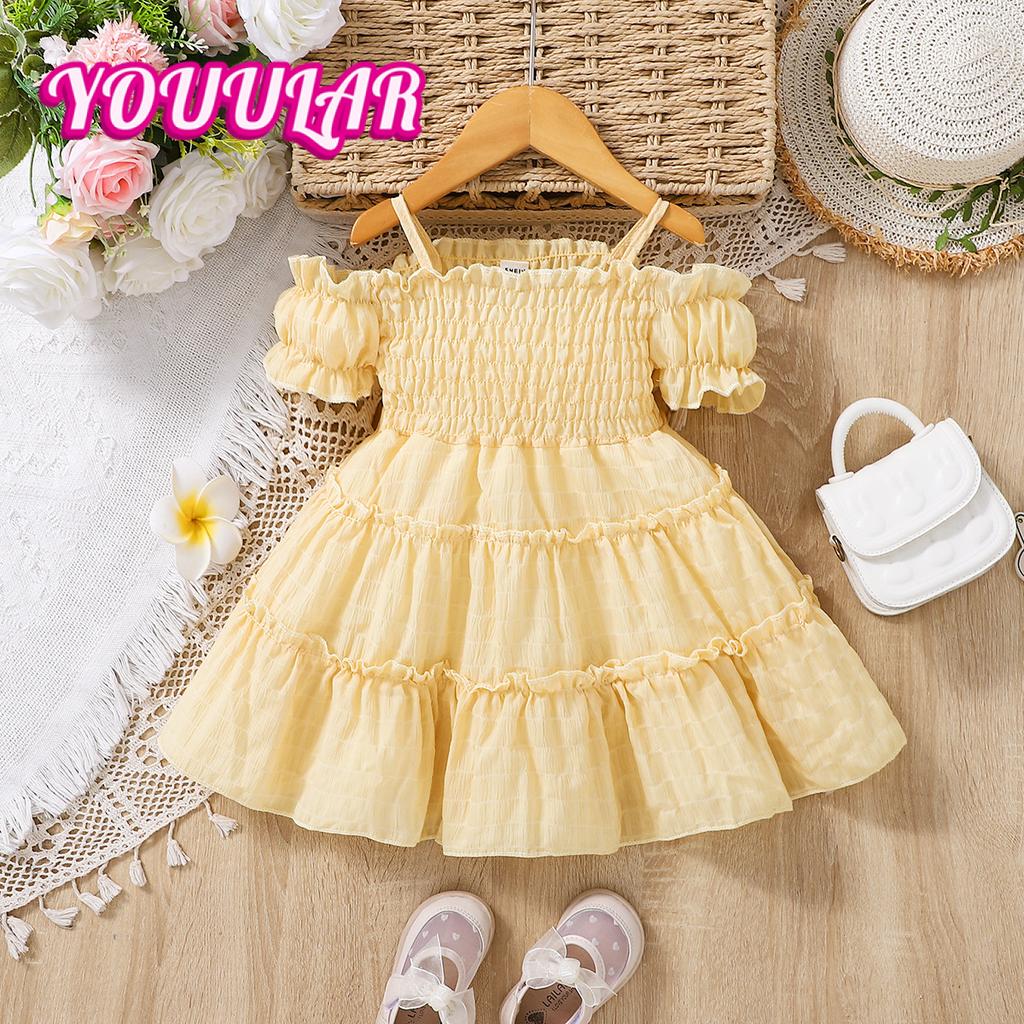 Летнее плиссированное платье для девочек на бретельках, повседневные платья принцесс с детскими рукавами, детская одежда для детей от 2 до 8 лет