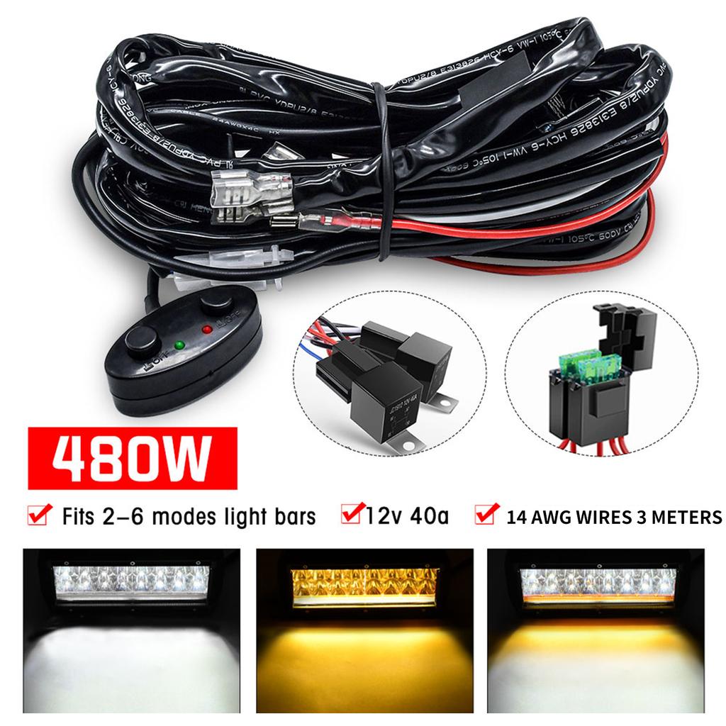 LED Light Bar Wiring Harness Kit, 480W 2  S 14 AWG Universal LED Wiring Harness with 12V 40A Relay and Two Control