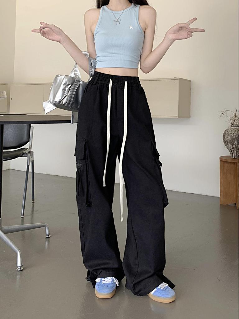 Trendy European & American Oversized Wine Red Cargo Pants - High-End Loose Wide-Leg Design