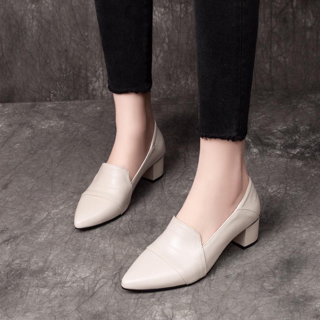 High Heels Women's 2025 Spring New Comfortable Cowhide Pointed Thick Heel Medium Heel Work Shoes One Shoe Two Wear Low-top Shoes
