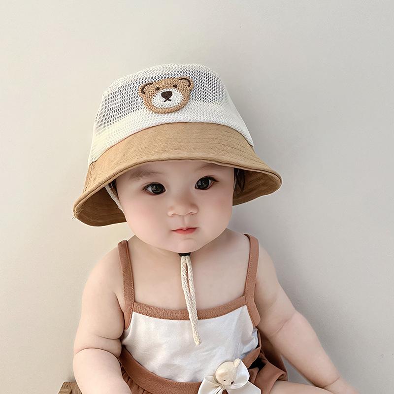 Cute Cartoon Bear Baby Bucket Hat Summer Mesh Breathable Fisherman Cap for Kids Boys Girls Wide-brim Adjustable Sun Hats