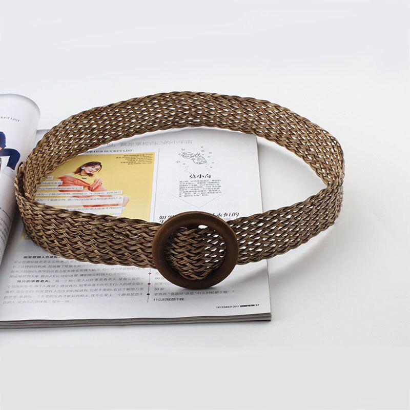 Summer Wide Braided Belt Women Woven Straw Belt with Round Wooden Buckle Waist Belt