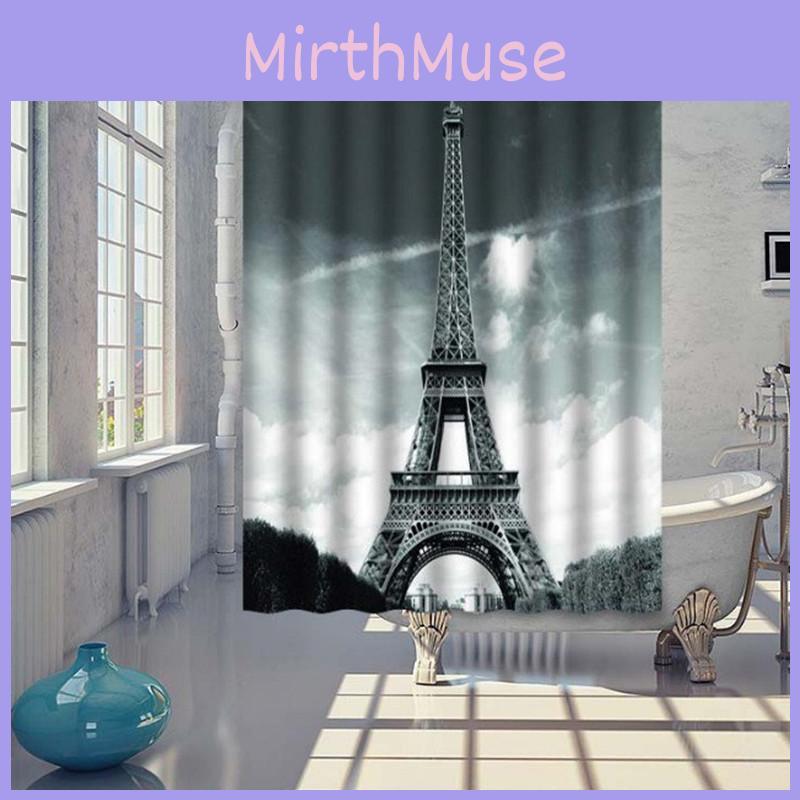 Eiffel Tower Polyester Shower Curtain With Scenic Landscape And Bridge Design For Home Use