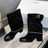 Luxury Metal Chain Decorative Women's Boots Fashion Chunky Heel Suede Mid-calf Boots for Women High Heel Pantyhose Boots
