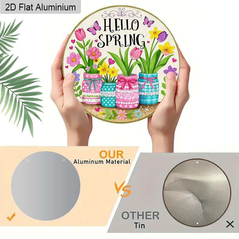 2D Flat Aluminum Hello Spring Door Sign for Front Door, Round Hanging Plaque with Mason Jar & Tulip Flower Design, Rustic Farmhouse Porch Wall Decor