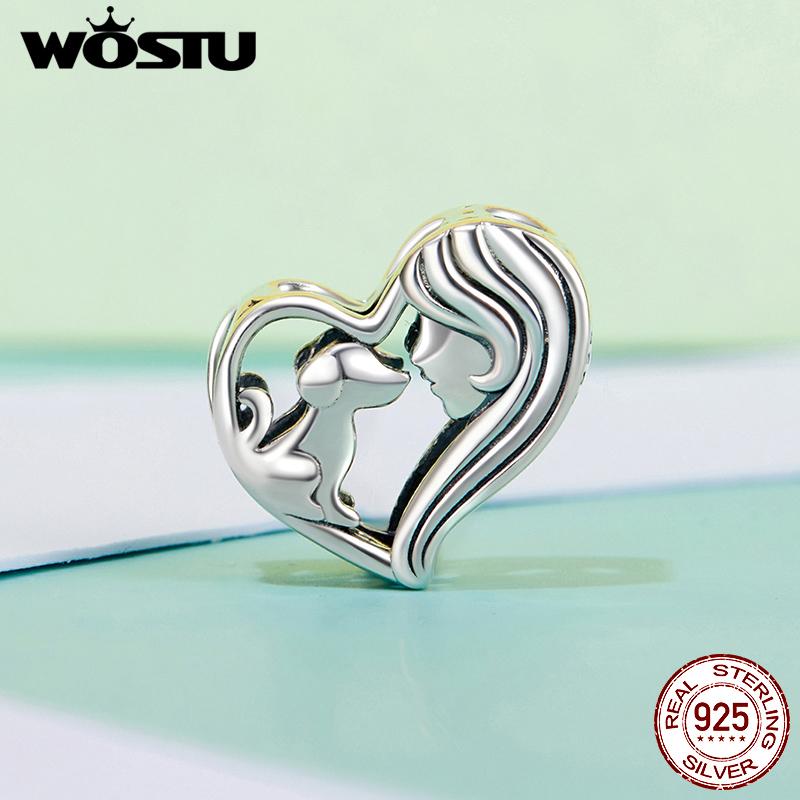 WOSTU 925 Silver Pink Love Heart Charms Bead Infinite Love Pendant Fit Bracelet Valentine Jewelry Mother's Day Gift