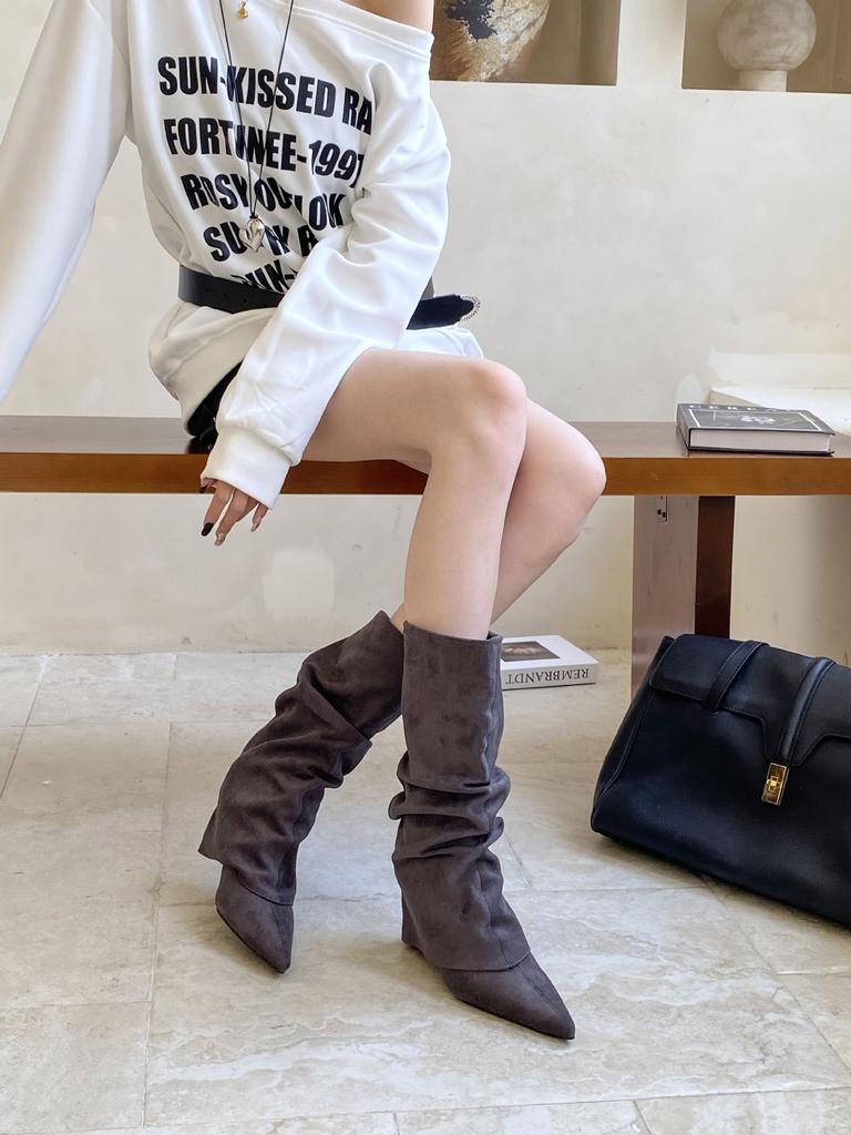 2025 Autumn and Winter New European and American Suede Pointed Head Thin Heel High Heel Temperament French Fashion Sexy Beautiful Women Boots Trouser