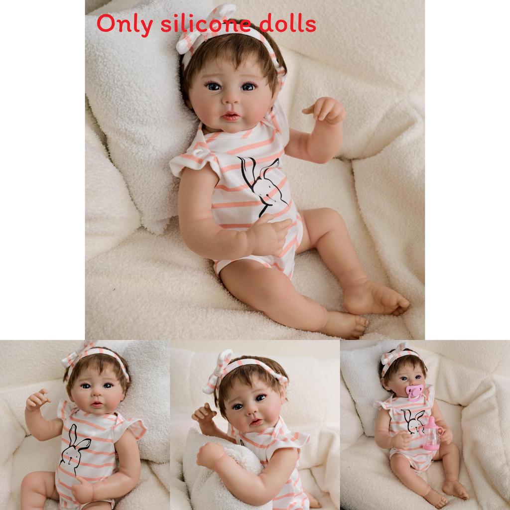 19inch Silicone Reborn Baby Doll With Striped Headband And Rabbit Print Clothing Decorationfor Collectors And Gift Givers