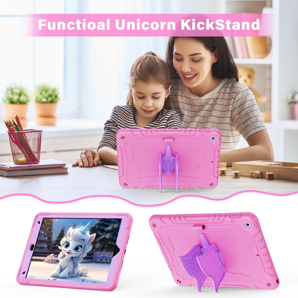 For iPad 10.2 (2021)/10.2 (2019)/10.2 (2020) Case Silicone+PC Drop-resistant Tablet Cover with Unicorn Kickstand