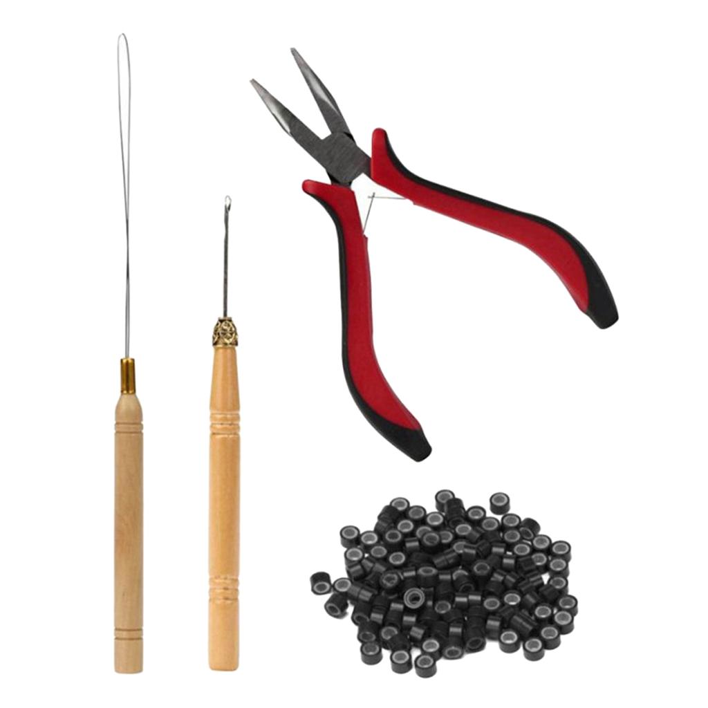 4pcs Hair Wig Plier Curved Tip Wooden Hook Needle Silicone Rings Hair Extension Tools Brown