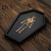 Gothic Storage Tray Halloween Serving with Engraved Skeleton, Wooden Charcuterie Board, Casket Black Vanity Organizer Shape Platter for Party, Spooky