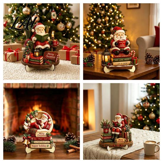 Rustic Christmas Door Sign Wooden Table Sign 2D Flat Santa Claus/Snowman Reading Desktop Ornament Festival Atmosphere Decor with Stand Holiday