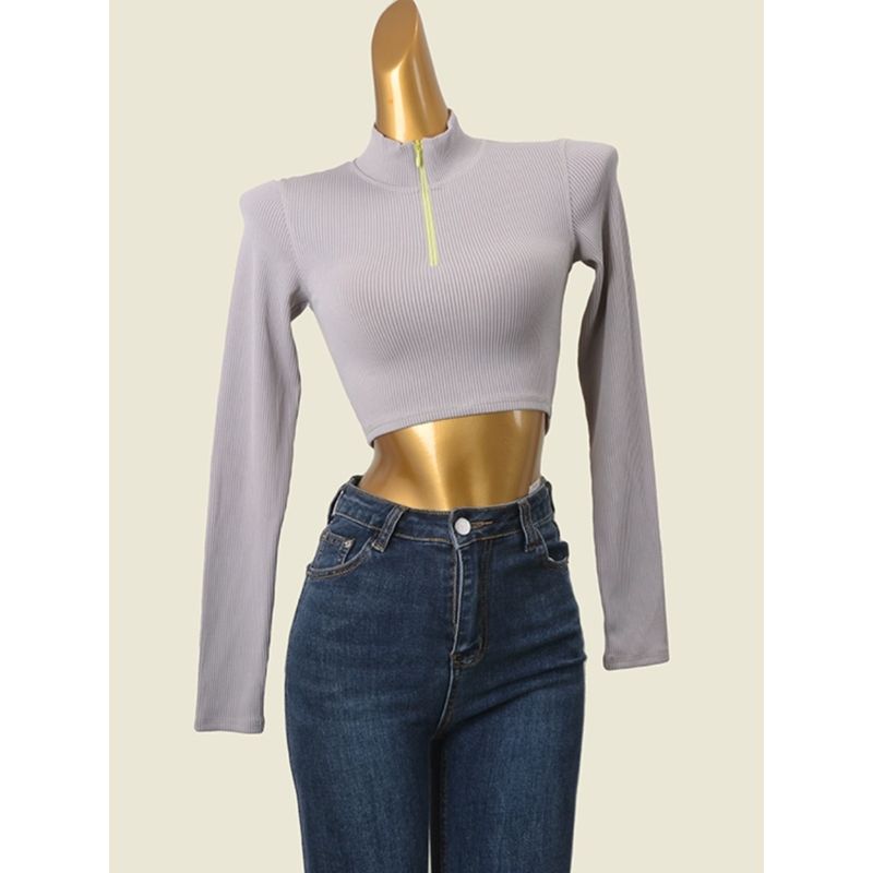 Export Fashion Card Zip-up Turtleneck Silm High Waist Tops Fashion Wind Thread Sexy Short Tops