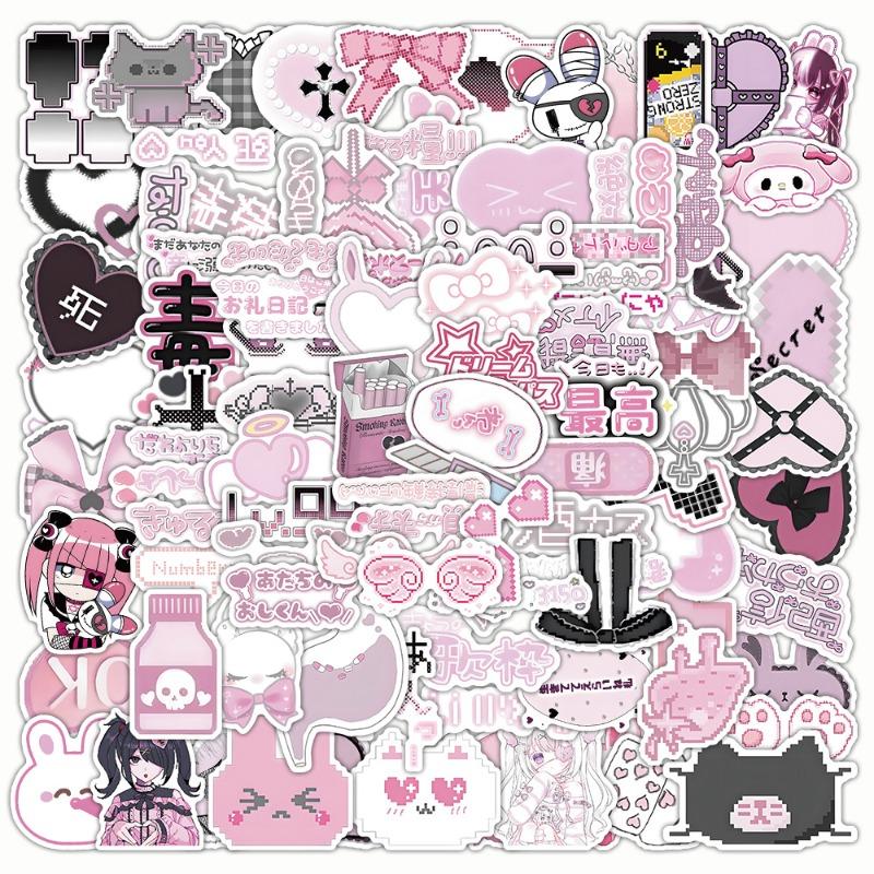 100 Sheets/set Black Pink Retro Japanese Stickers Cute Cartoon Aesthetic DIY Decals for Phone Laptop Vintage Scrapbook Supplies