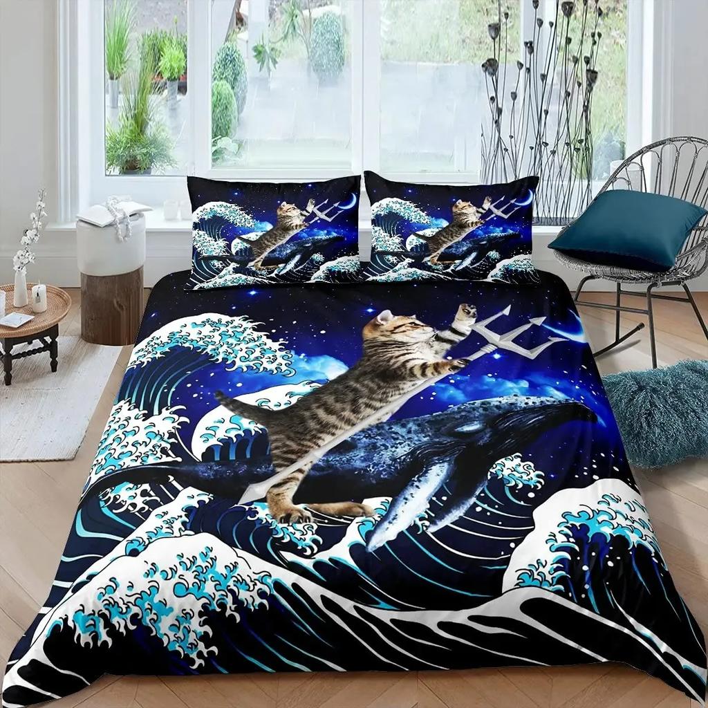 Funny Pirate Cat Duvet Cover Set Cat Riding Whale Japanese-Style Sea Wave Bedding Sets Stripe Lines Comforter Cover Full Queen