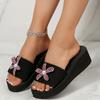 Fashion Black Fabric Strap Soft Sole Wedge Heels Slides Women 2025 Summer Pink Glitter Flower Decoration Slippers Sexy Beach Sandals