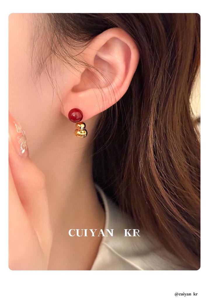 Серьги-гвоздики Cui Yan из стерлингового серебра S925 в китайском стиле с красным киноварью в форме тыквы для женщин - Новогоднее издание