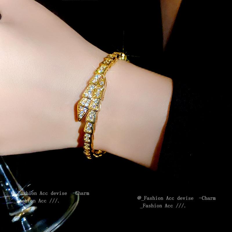 Snake-Shaped Geometric Zircon Open-Ended Bracelet Affordable Luxury Fashion High-Grade Bracelet Niche Temperament All-Match Jewelry Women