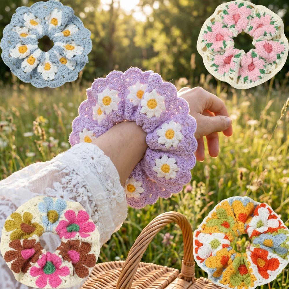 Bohemian Style Knitted Hair Rope Flores Ponytail Hair Band Crocheted Flower Scrunchies Women