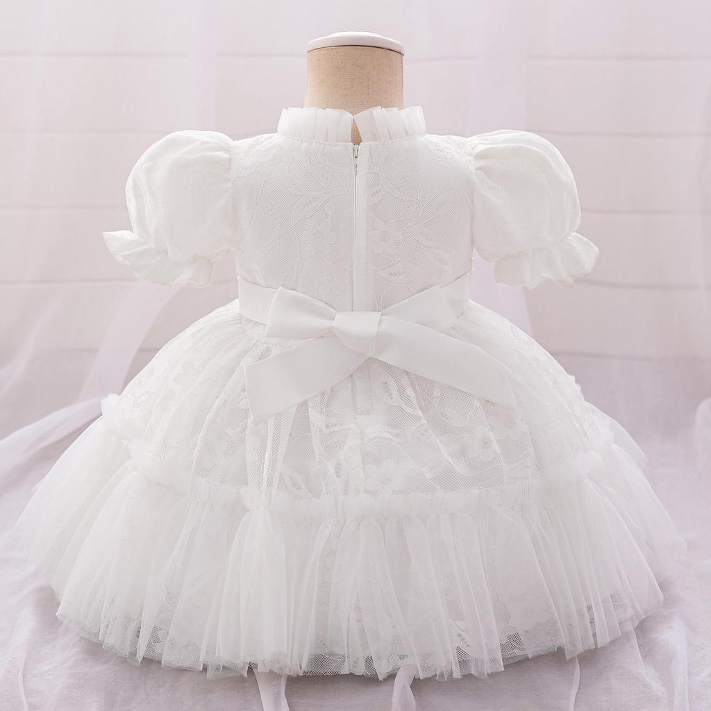 Новое европейское и американское детское платье принцессы: Юбка-сетка для ребенка 1 год, пышный дизайн, крестильный костюм в полнолуние с шапочкой