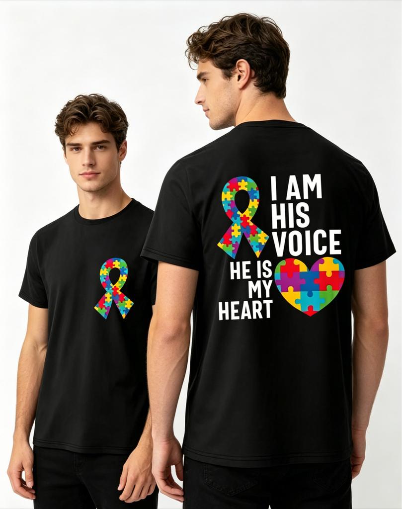 Autism Heart Tee Tshirtsi Am His Voice He Is My Heart Tshirts Unisex Unisexs Clothing Fashion Casual Tshirts Short Sleeve Tops