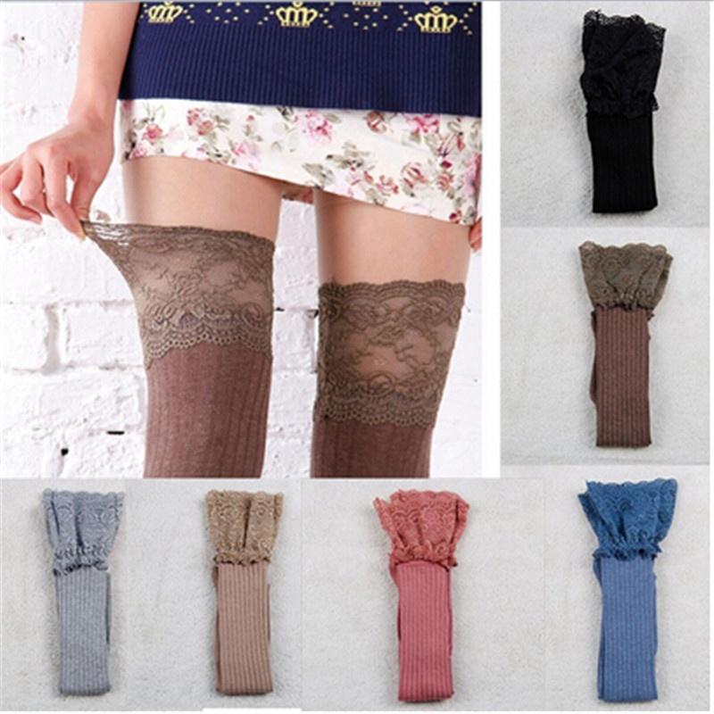 Women Knitting Lace Cotton Over Knee Thigh Stockings High Socks Pantyhose Tights