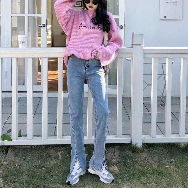 Женские джинсовые брюки с высокой талией на весну и осень, универсальные прямые повседневные джинсовые брюки с широкими штанинами и разрезом на вилке