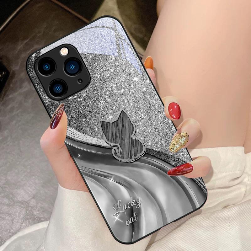 Сверкающий Алмазный Кот Для IPhone 16 Pro Max 15 Pro 14 13 12 Mini 11 XS Max XR 7 8 Plus SE 2022 Чехол из Закаленного Стекла