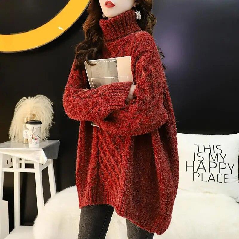 Turtleneck Sweater Women's Winter Long Loose Korean Style Lazy Sweater 2023 New Knitted Warm Solid Color Base Shirt