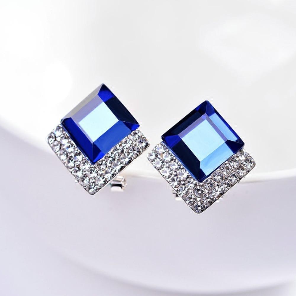 Elegant Blue Square Earrings Simple and Stylish Rhinestone Stud Earrings for Women