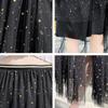 Women A-line Skirts Girls Elastic High Waist Slim Double-layered Gauze-lined Mesh Skirt Solid Color All-match Sequined Skirts