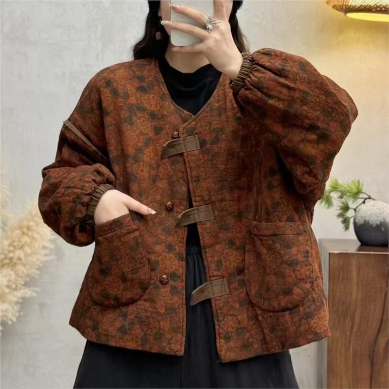 Johnature V-Neck Print Vintage Niche Single Breasted Woman Winter Loose Long Sleeves Coats