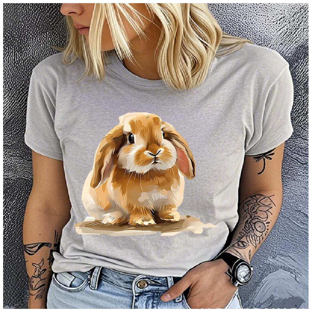 Women's Polyester 100% Cute Rabbit Print T-shirt Loose round Neck Casual Short Sleeve Fashion Top Wholesale Clothing Summer