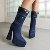 Denim Cowboy Boots Women with Pocket 2024 Fashion Winter High Heels Shoes Bright Line Pointd Toe Ankle Booties Plus Size 45