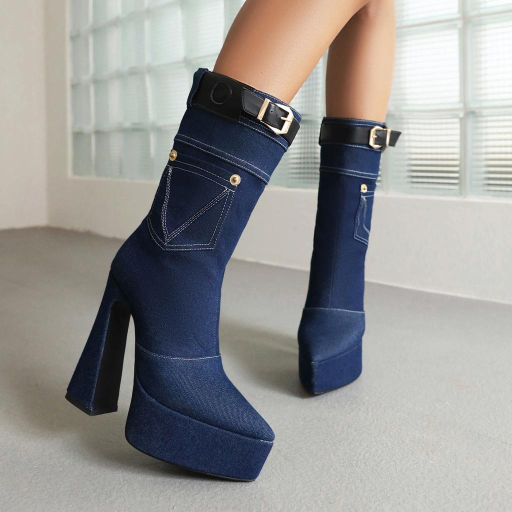 Denim Cowboy Boots Women with Pocket 2024 Fashion Winter High Heels Shoes Bright Line Pointd Toe Ankle Booties Plus Size 45