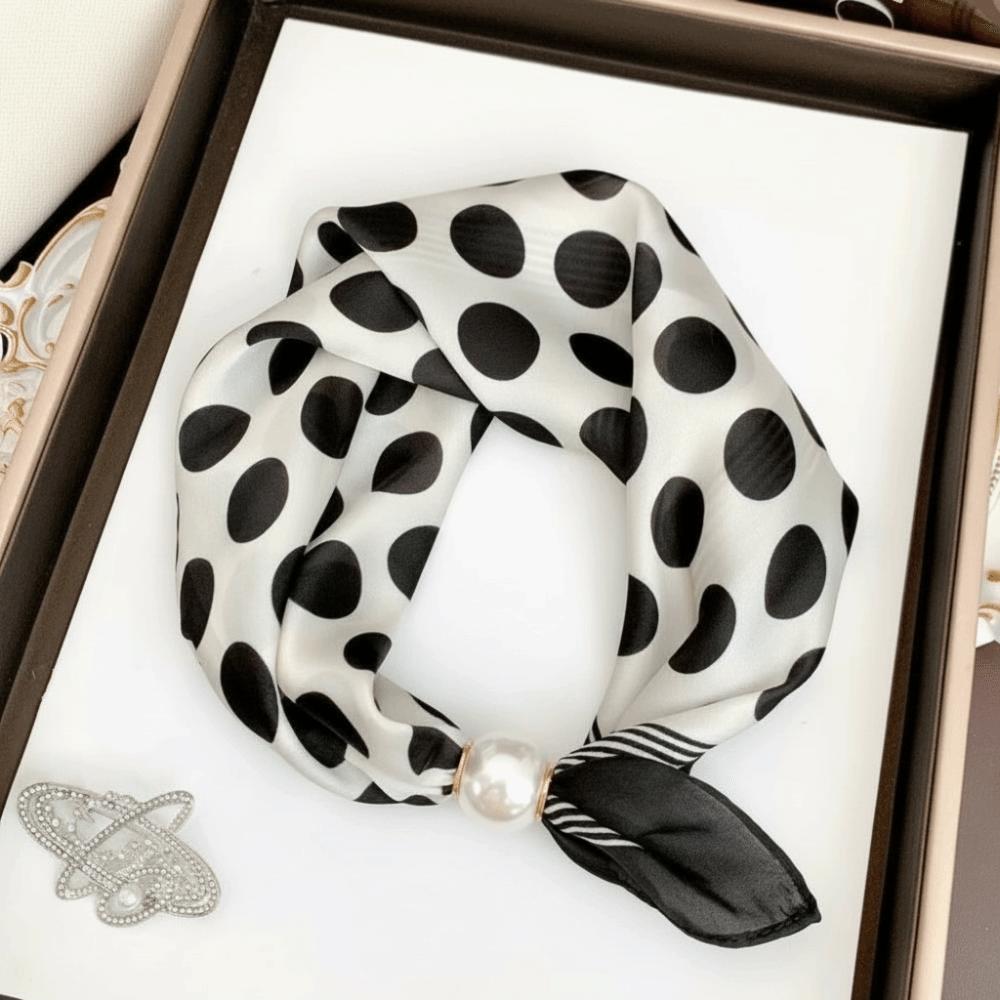 Fashion Pearl Buckle Silk Scarf Printed Soft Neck Scarf Lightweight Thin Neckerchief Women