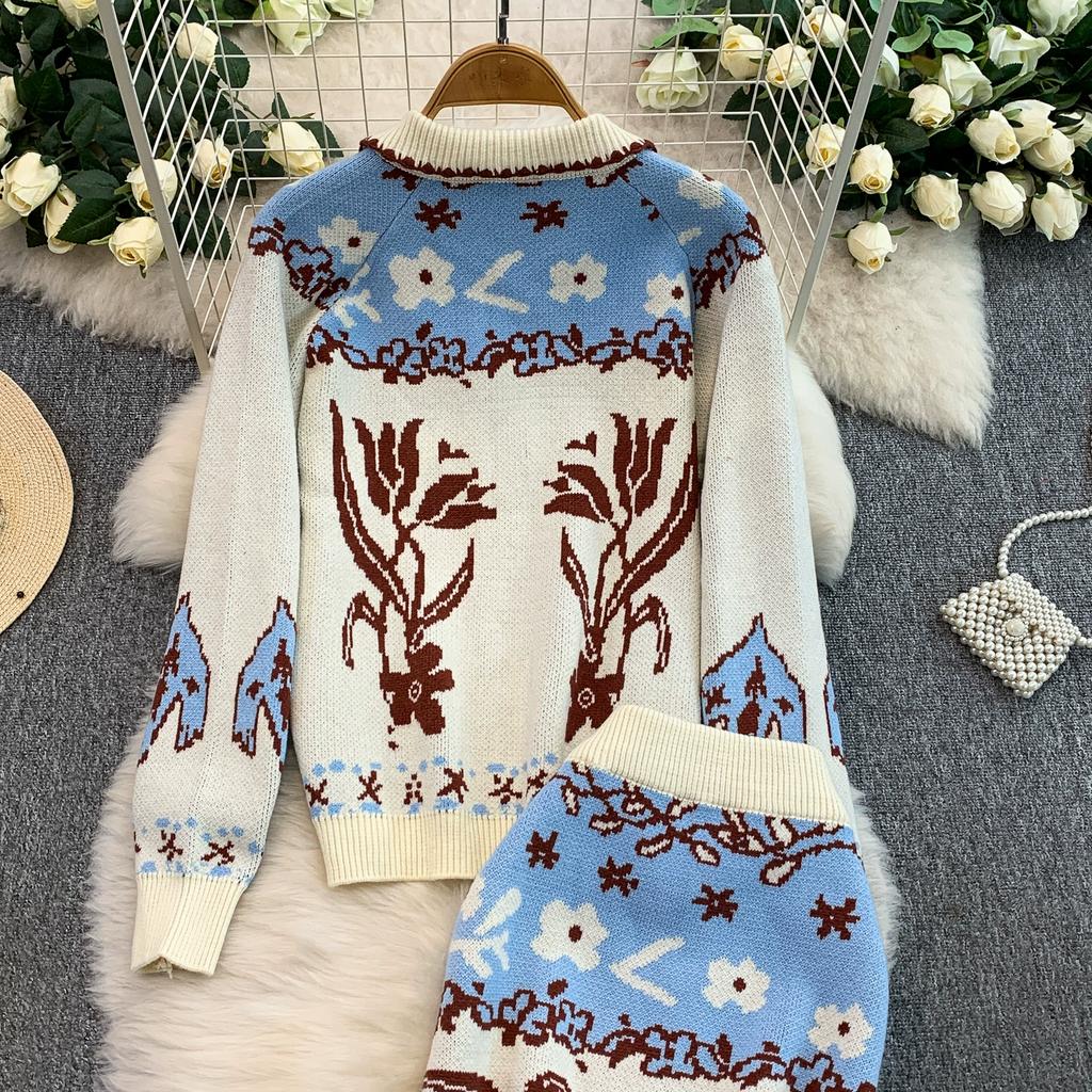Autumn Winter Women Vintage Tulip Jacquard Knitted Sweater Two Piece Set Single Breasted Cardigans and Mini Pleated Skirt Outfits